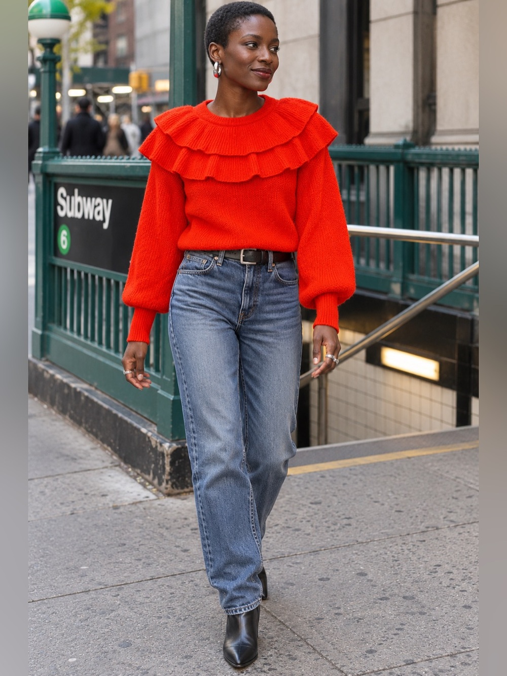 Zara Orange Red Double Ruffle Knit Sweater Cropped Balloon Sleeve M